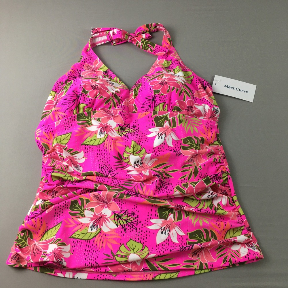 MeetCurve Pink Tropical Floral Halter Tankini Swim Top XL NWT Ruched Padded - Picture 6 of 10